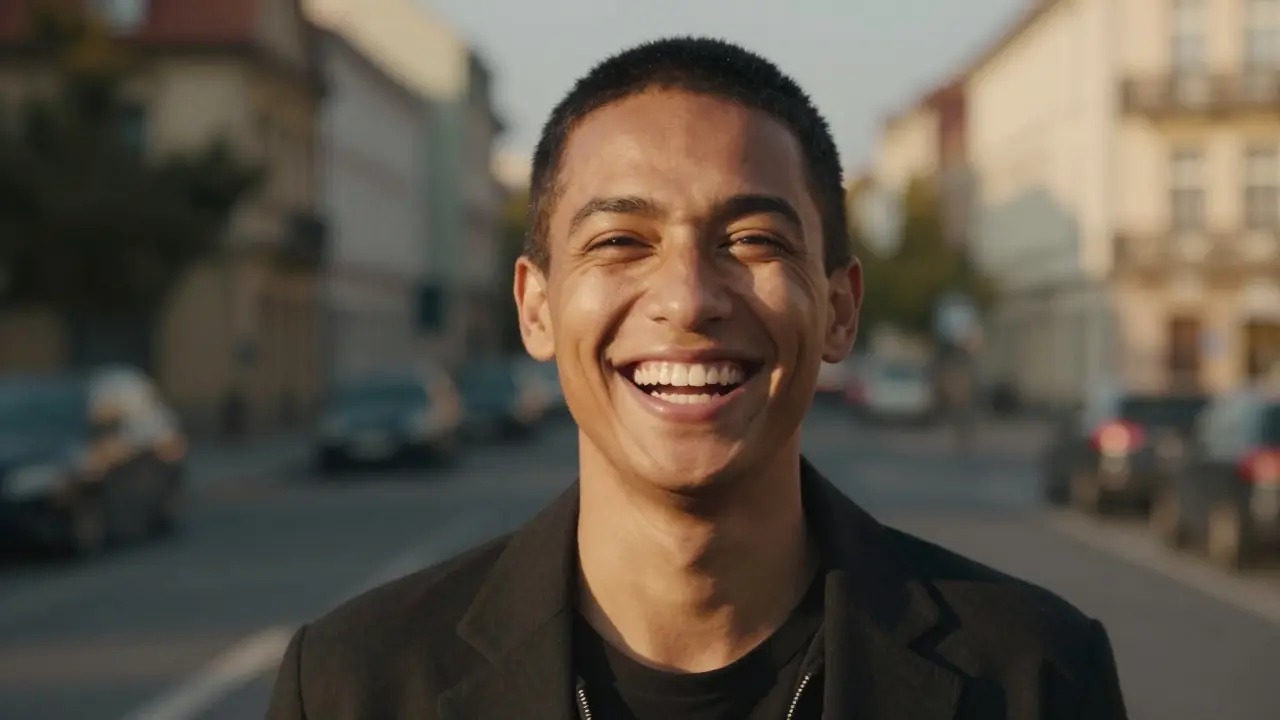 Zářivý a sebevědomý úsměv člověka vyjadřující radost a symetrii.