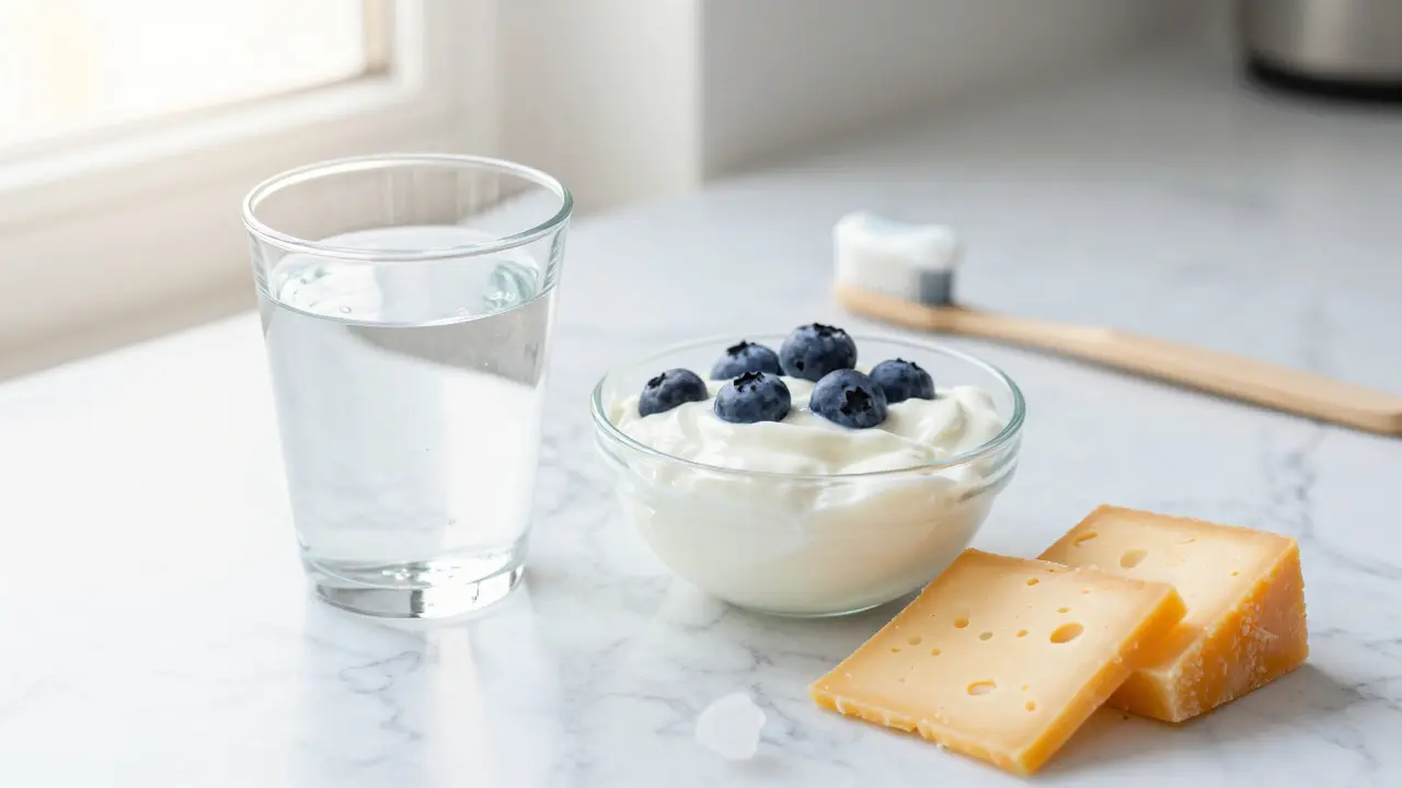 Zdravá snídaně s jogurtem a sýrem pro posílení zubního skloviny.