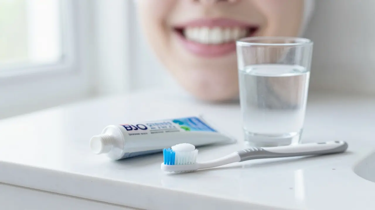 Zubní kartáček a neabrazivní pasta na mramorovém povrchu pro správnou hygienu.