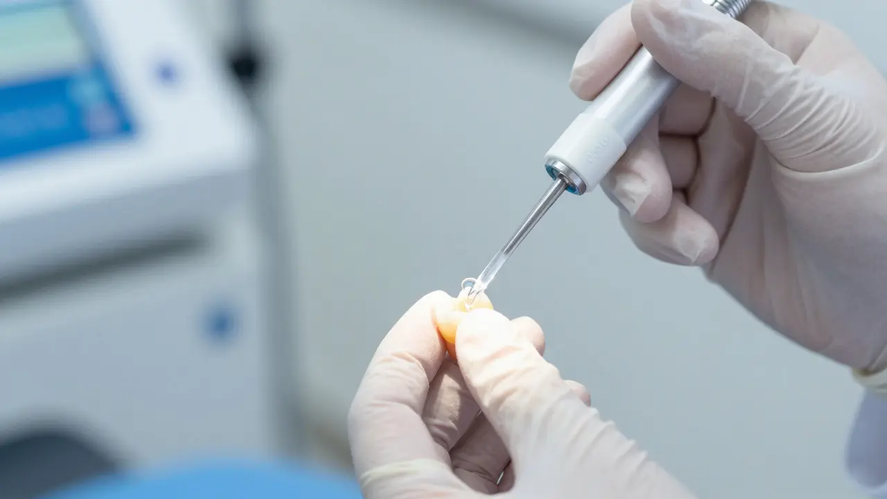 Zubní lékař aplikující ochranný lak na zub v moderní ordinaci.