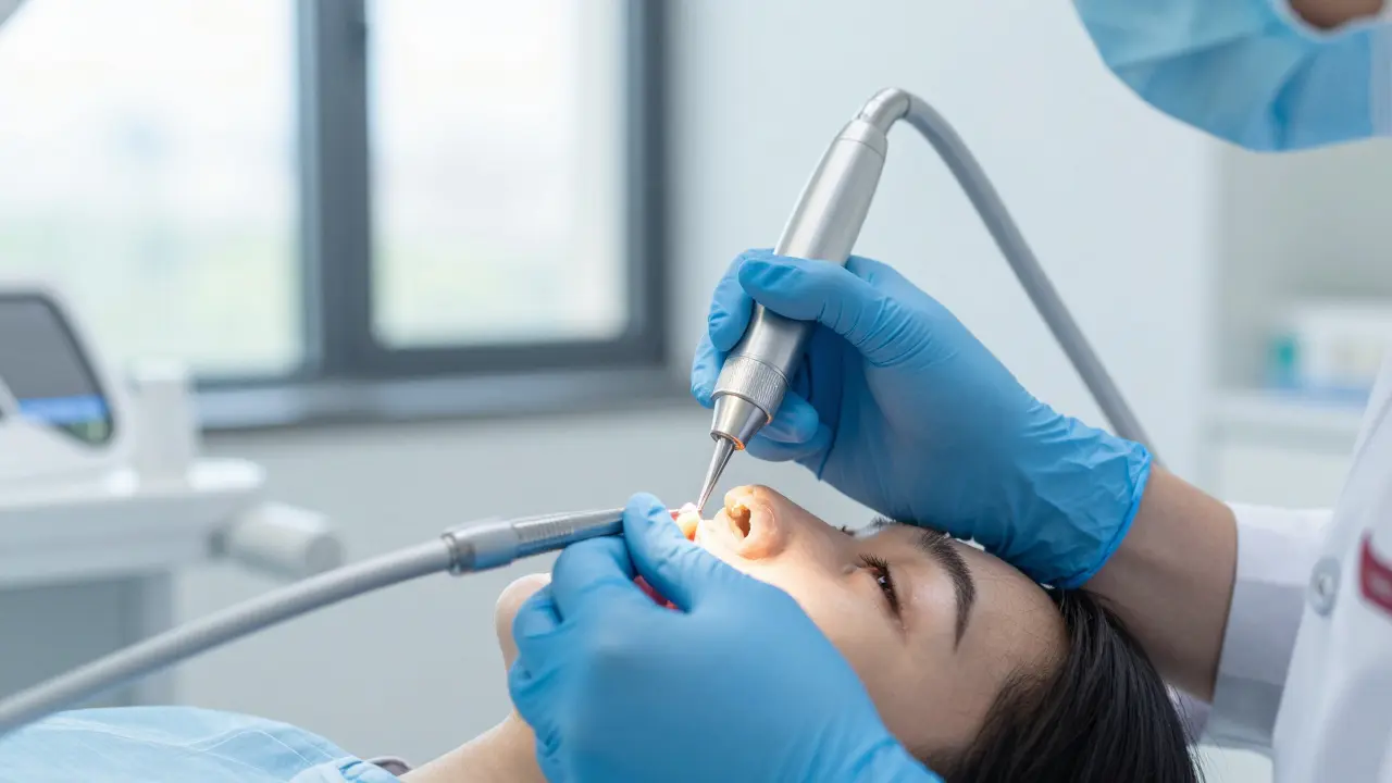 Zubní lékař provádí jemné estetické konturování zubů v moderní klinice.