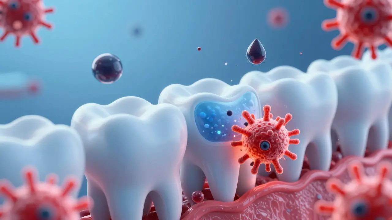 Abstraktní ilustrace obrany zubů proti bakteriím a kyselinám pomocí minerálů a fluoridu.