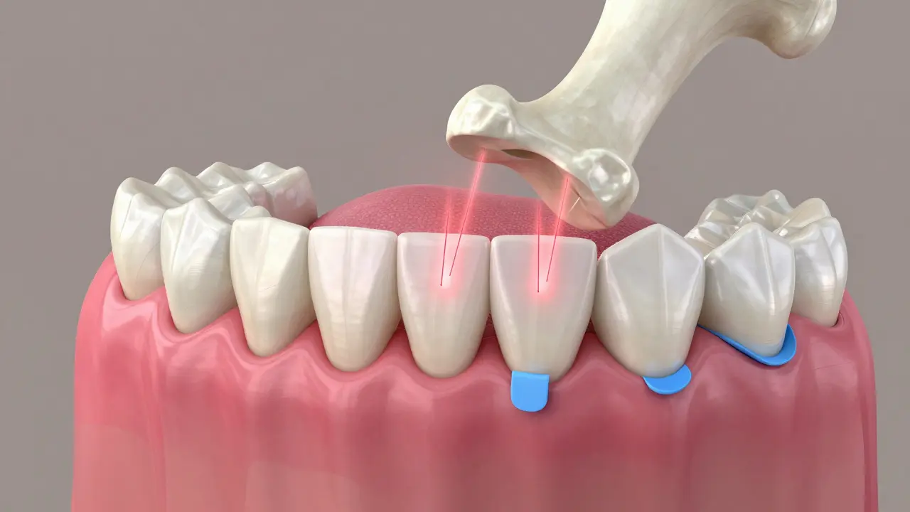 Anatomický výřez zobrazující tlak na zuby a ochranu dásní.