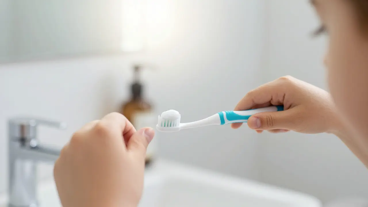 Dítě si čistí zuby zubním kartáčkem s fluoridovou pastou.