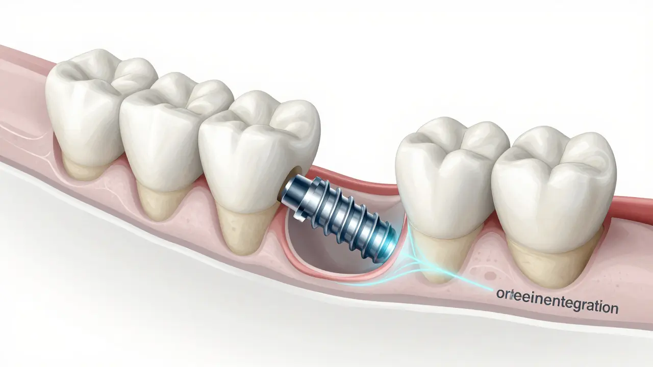 Ilustrace ukazující proces hojení kosti kolem zubního implantátu