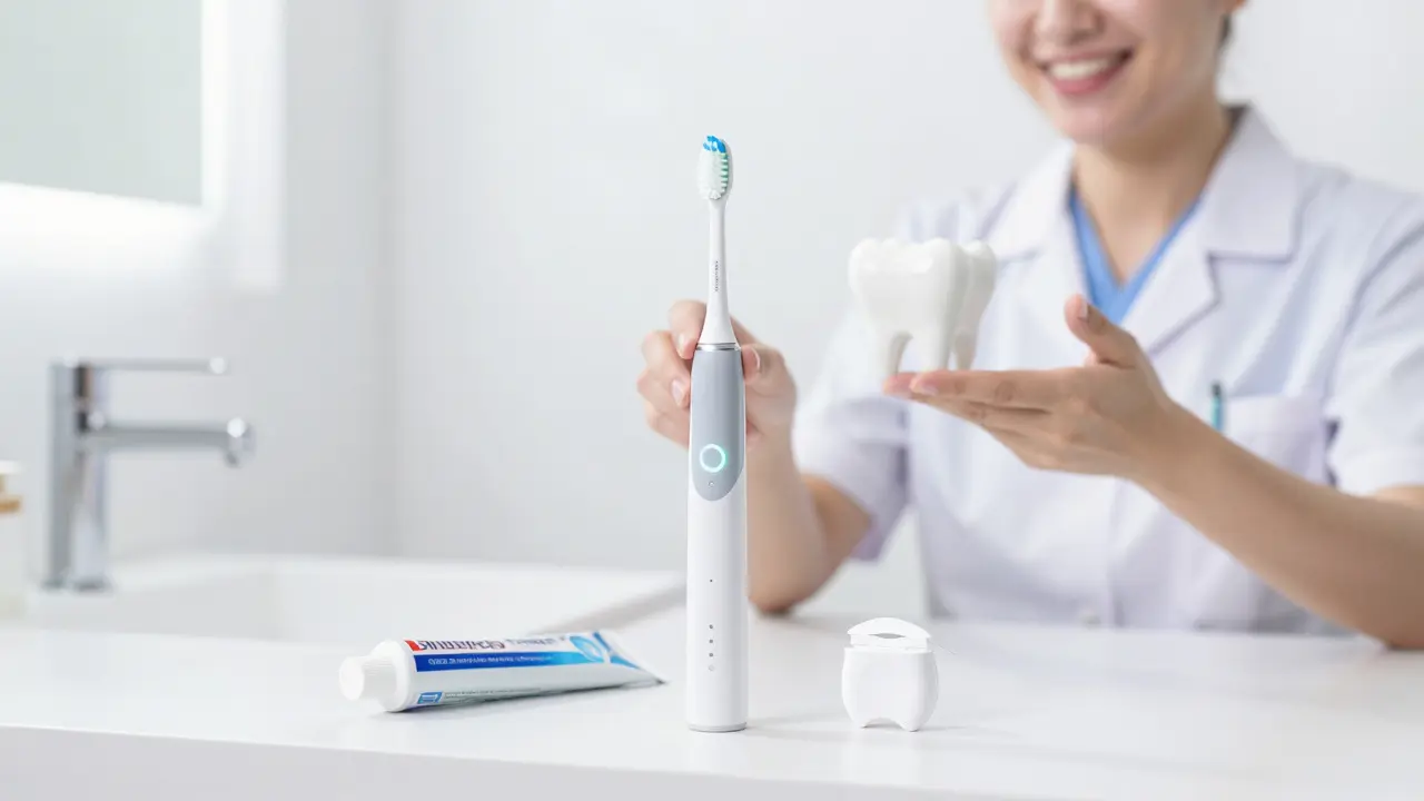 Koncept prevence zubních problémů: elektrický kartáček, pasta a hygiena