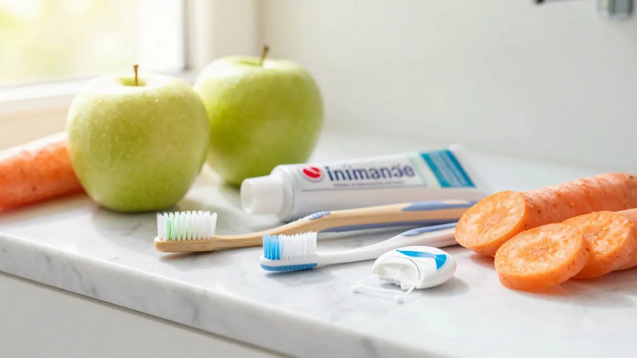 Nástroje pro dentální hygienu a ovoce na čistém umyvadle.