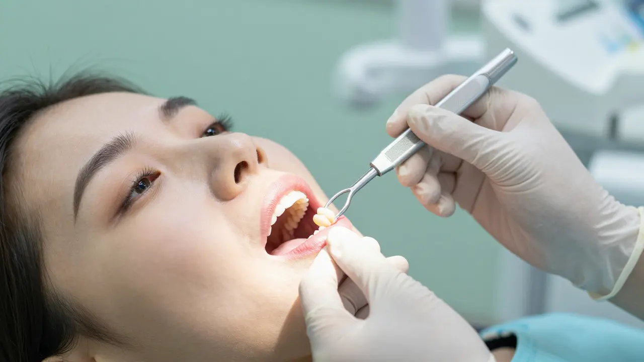 Zubní hygienistka čistí keramickou korunku plastovým nástrojem