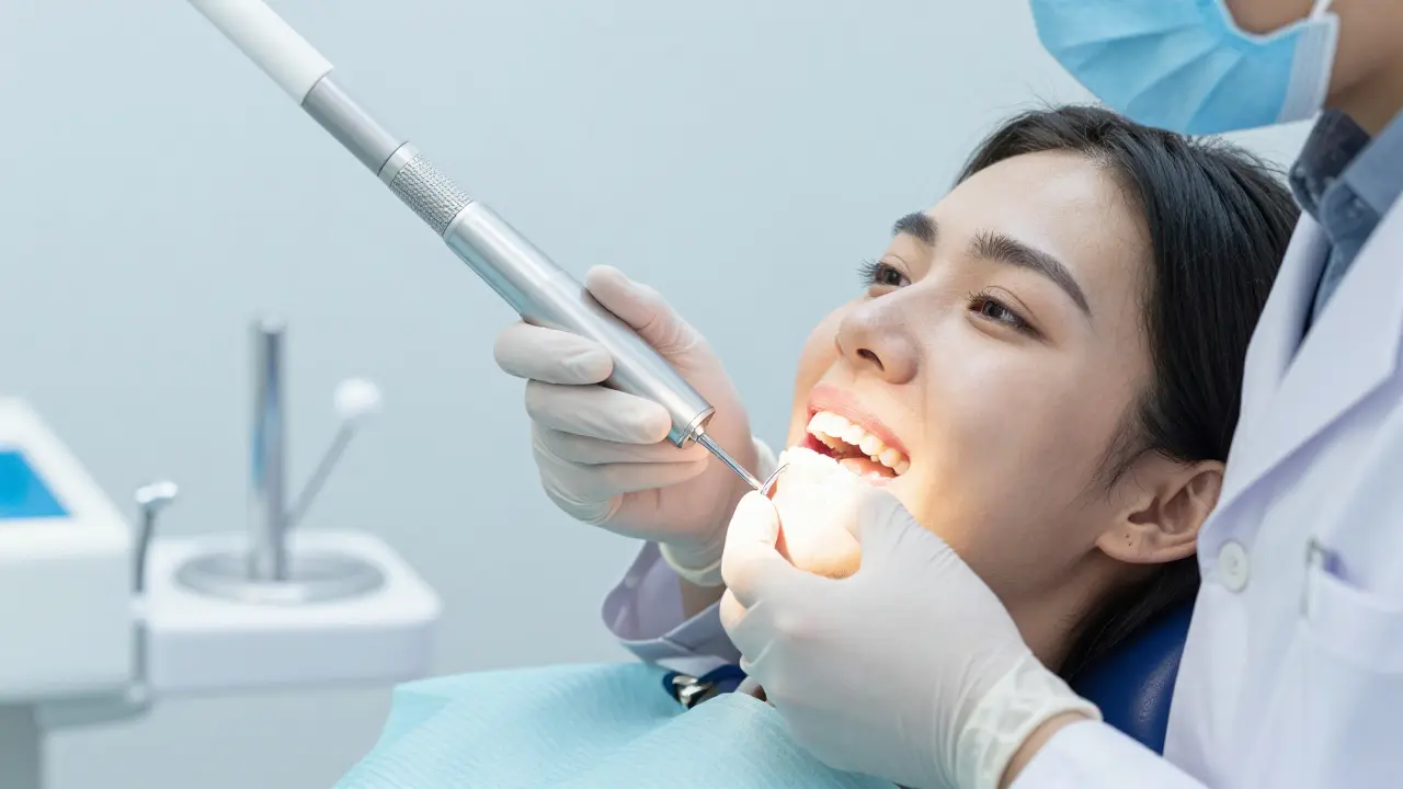 Dentist examining patient's teeth with special light in a clinic