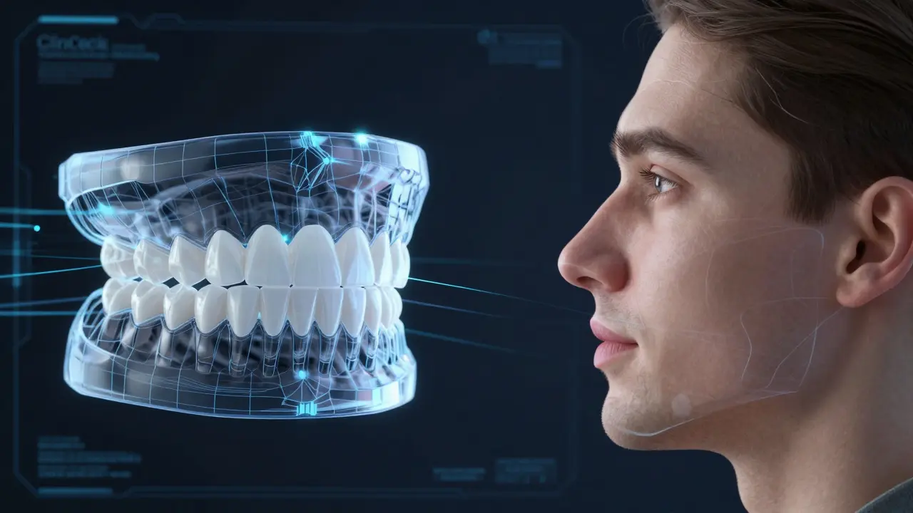 Digitální simulace pohybu zubů pomocí 3D modelu a průhledných alignerů.