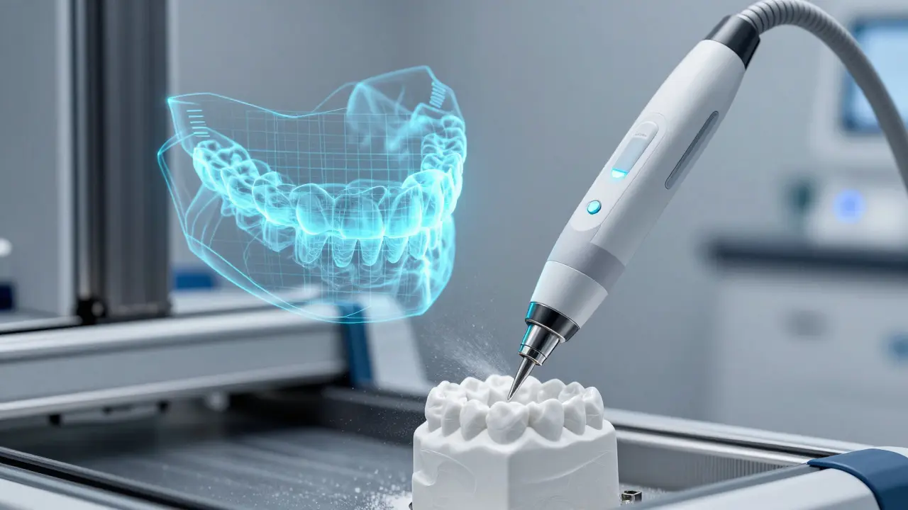 Digitální skener a CNC stroj při výrobě keramického zuba