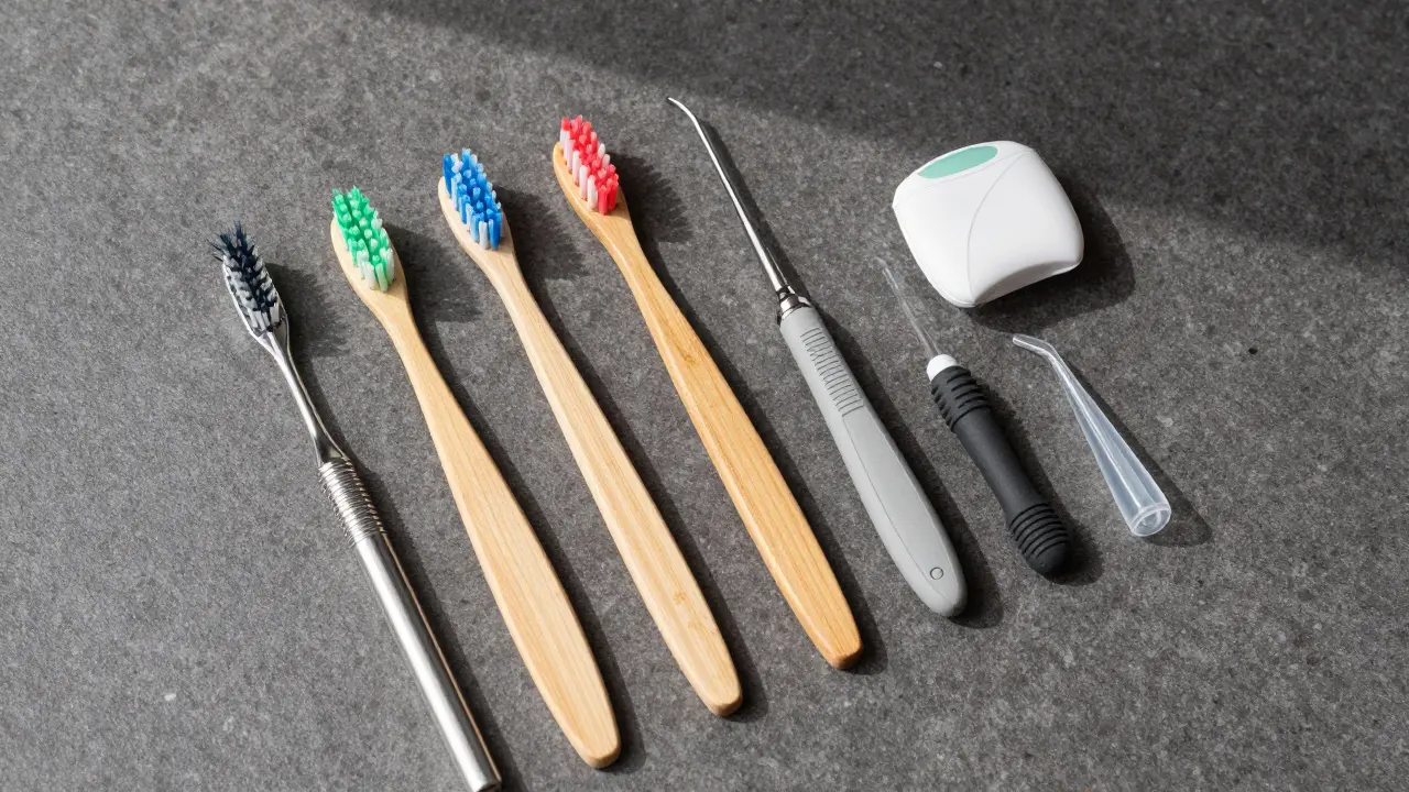 Různé typy mezizubních kartáčků a doplňků pro ústní hygienu na tmavém podkladu.