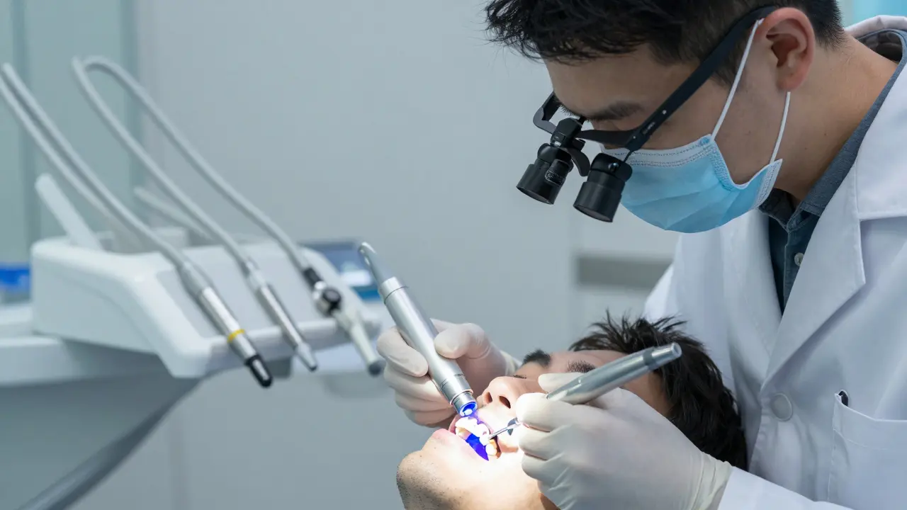 Zubař diagnostikuje prasklý zub pomocí speciálního světelného přístroje