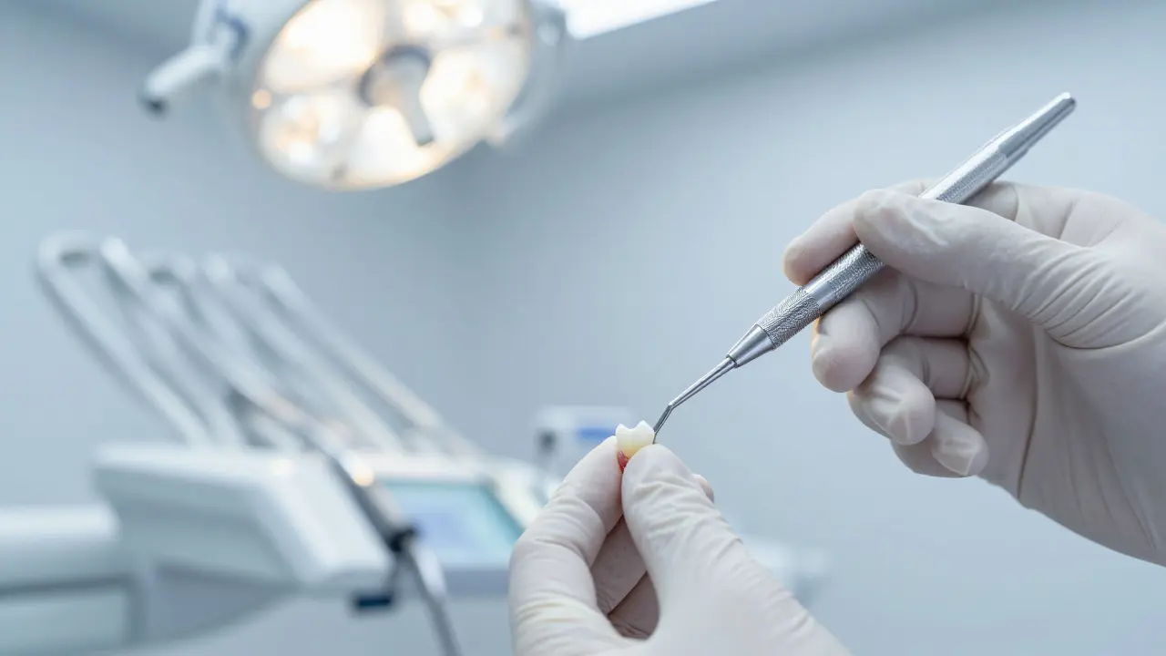 Zubní lékař měří hloubku dásenní kapsy kalibrovanou sondou během klinického vyšetření.