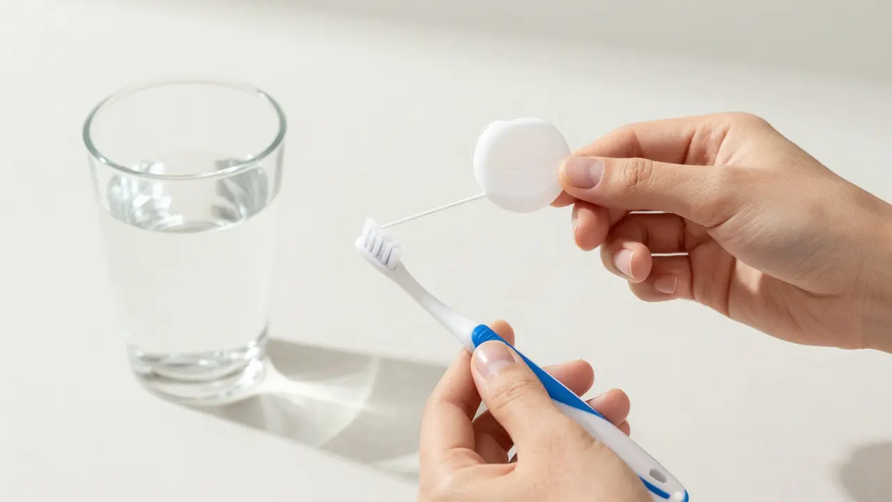 Zubní niť a mezizubní kartáček jako nástroje pro prevenci kazu.