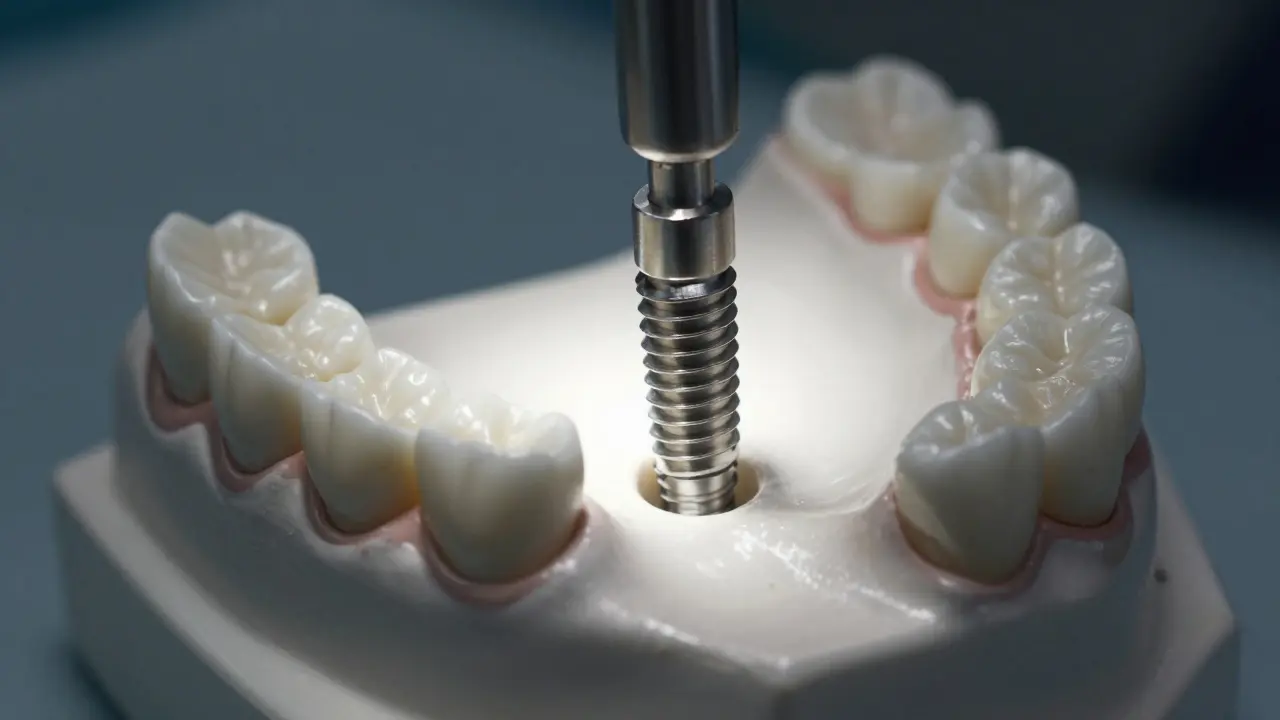 Detailní záběr na umístění titanového implantátu do modelu kosti