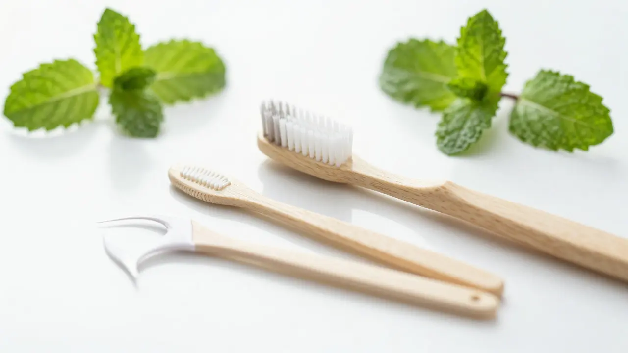 Hygienické pomůcky pro péči o dásně: kartáček, mezizubní kartáčky a nit na bílém podkladu.