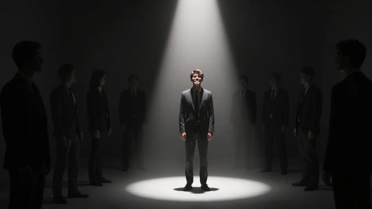 Surrealistická ilustrace reflektující psychologický efekt reflektorů na tváři.