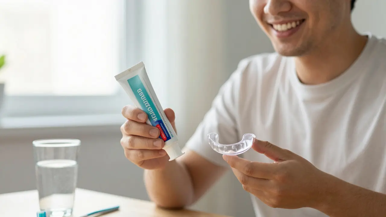 Úsměv člověka s nočním chráničem a hygienickými pomůckami