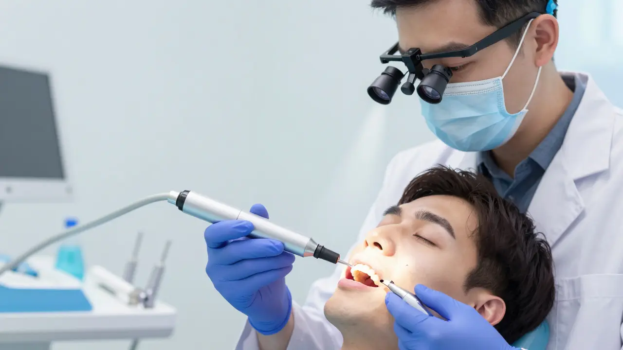 Zubař diagnostikuje prasklý zub pomocí světelného přístroje