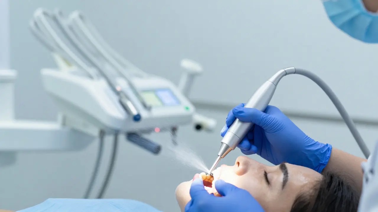 Zubní hygienik používá ultrazvukový scaler pro čištění zubů