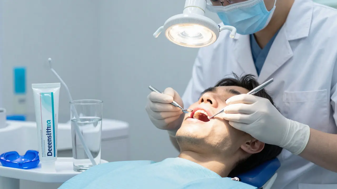 Zubní lékař vyšetřuje pacienta v ordinaci s důrazem na péči