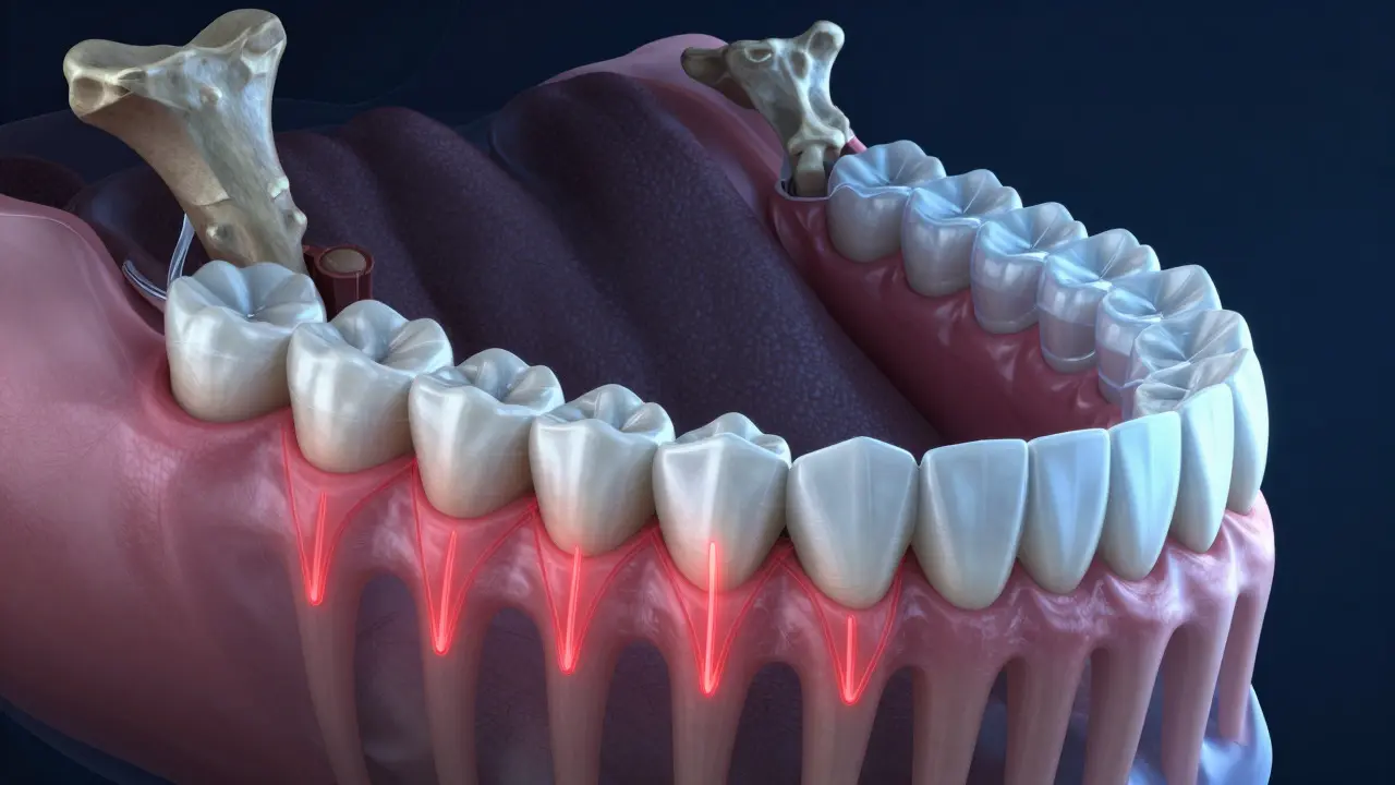 3D ilustrace kostní remodelace a tlaku zubů při rovnání