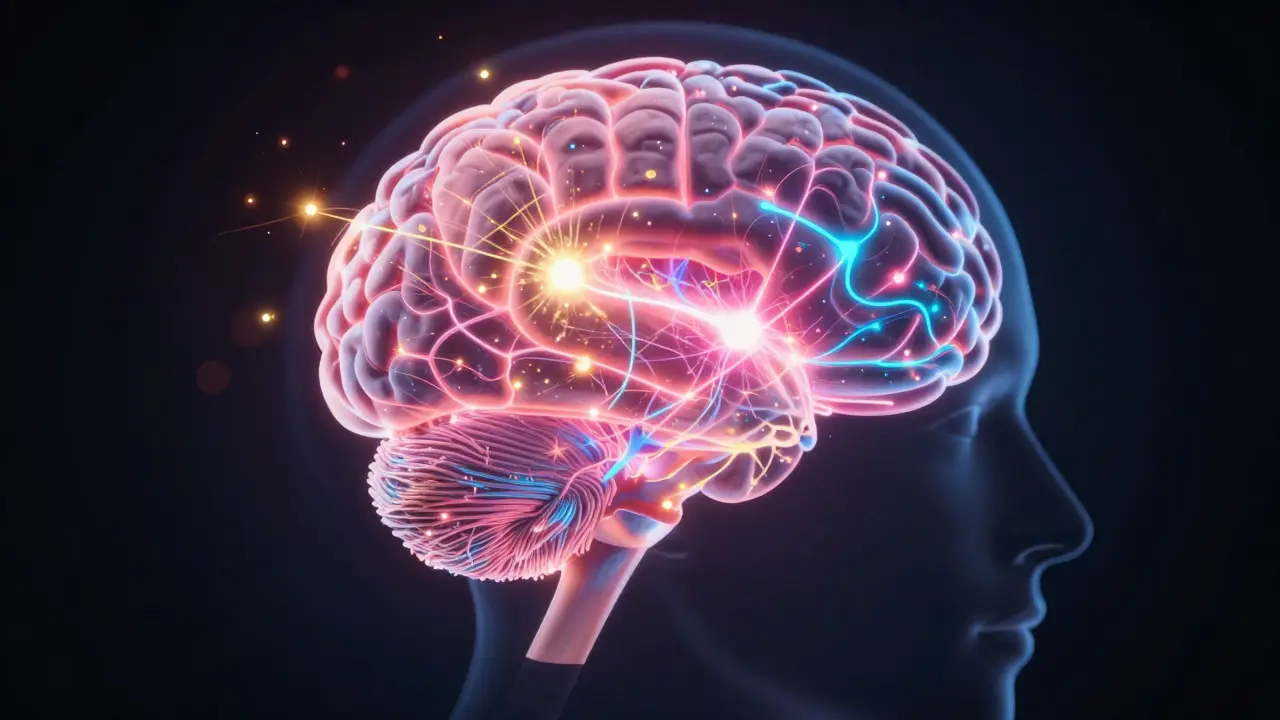 Abstraktní ilustrace mozku s blikajícími neurochemikáliemi během spánku