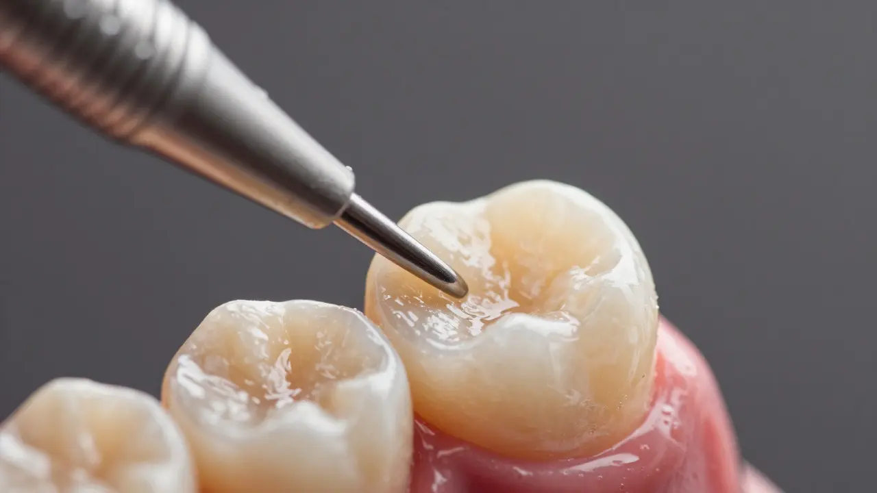 Close-up of a dental polishing cup smoothing the surface of a tooth