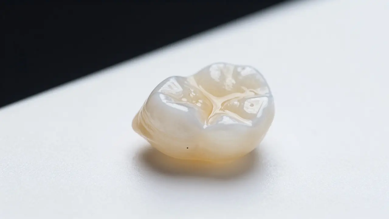 Detail keramické fazety vedle přirozeného zubu ukazující průhlednost