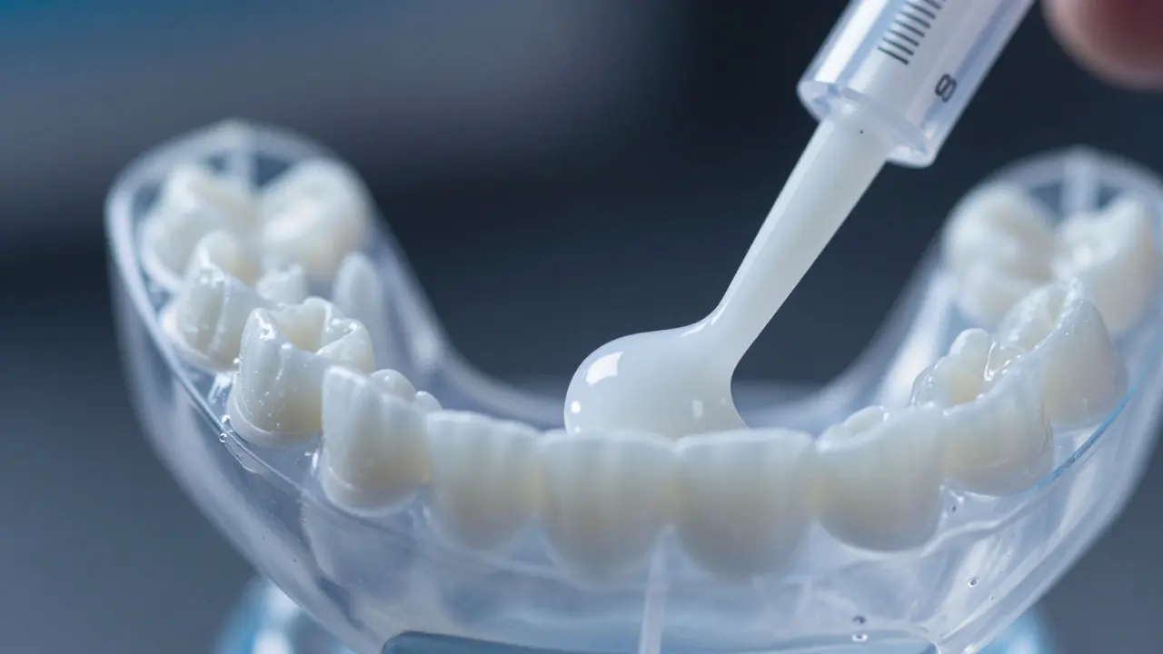 Detailní záběr nanášení bělicího gelu do průhledné silikonové šablony
