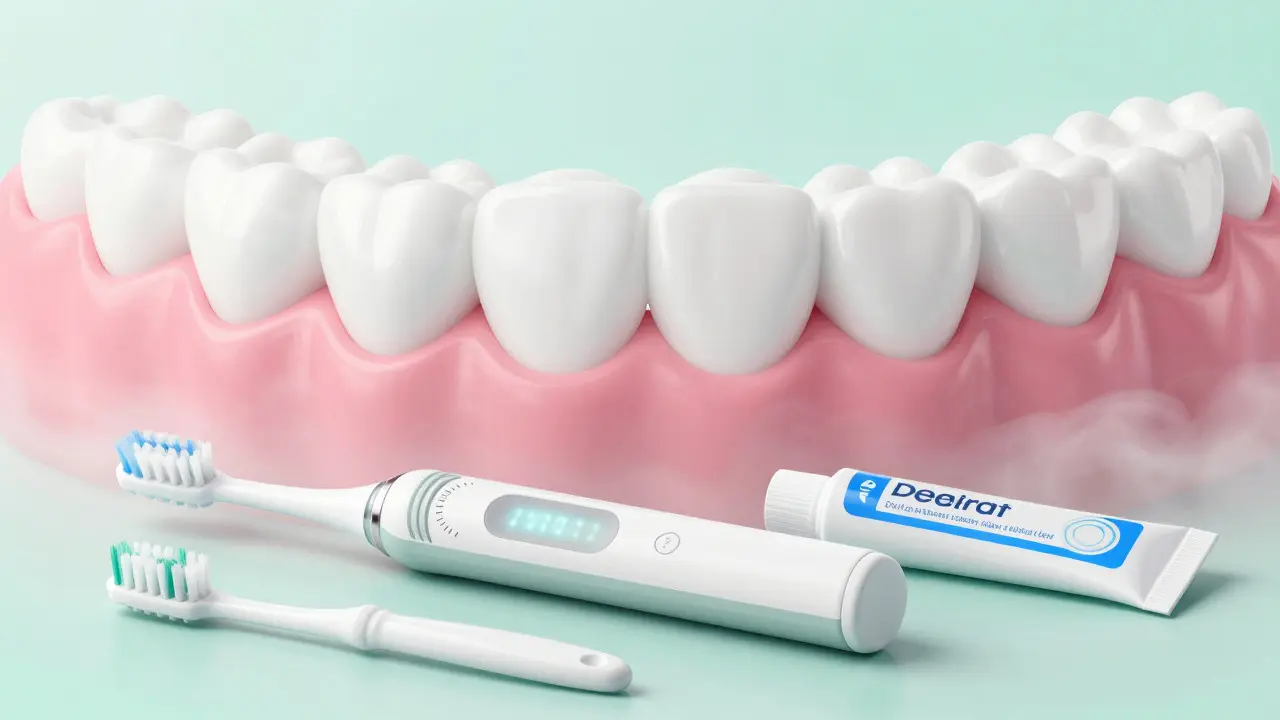 Elektrický kartáček a hygienické pomůcky vedle zdravých zubů