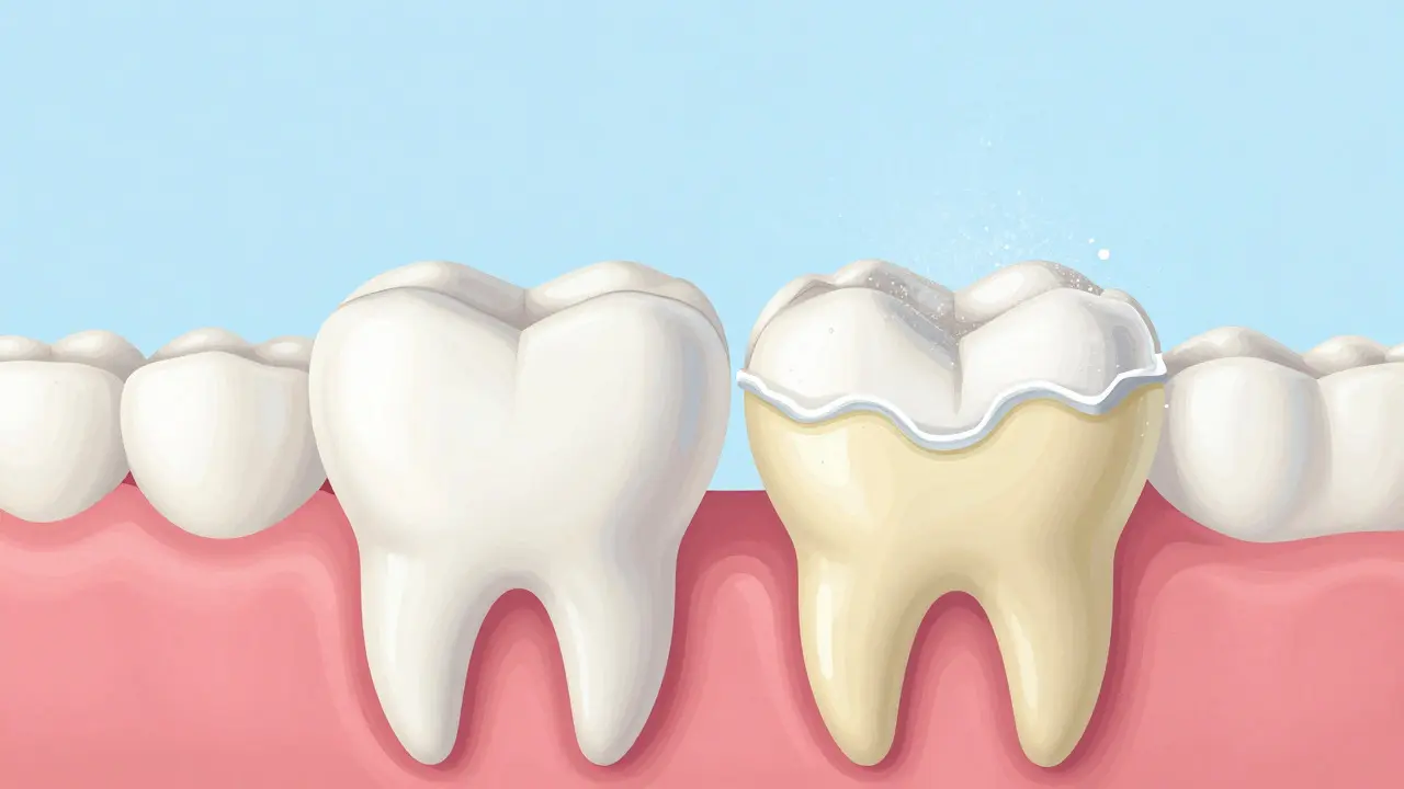 Ilustrace eroze zubní skloviny odhalující žlutý dentin