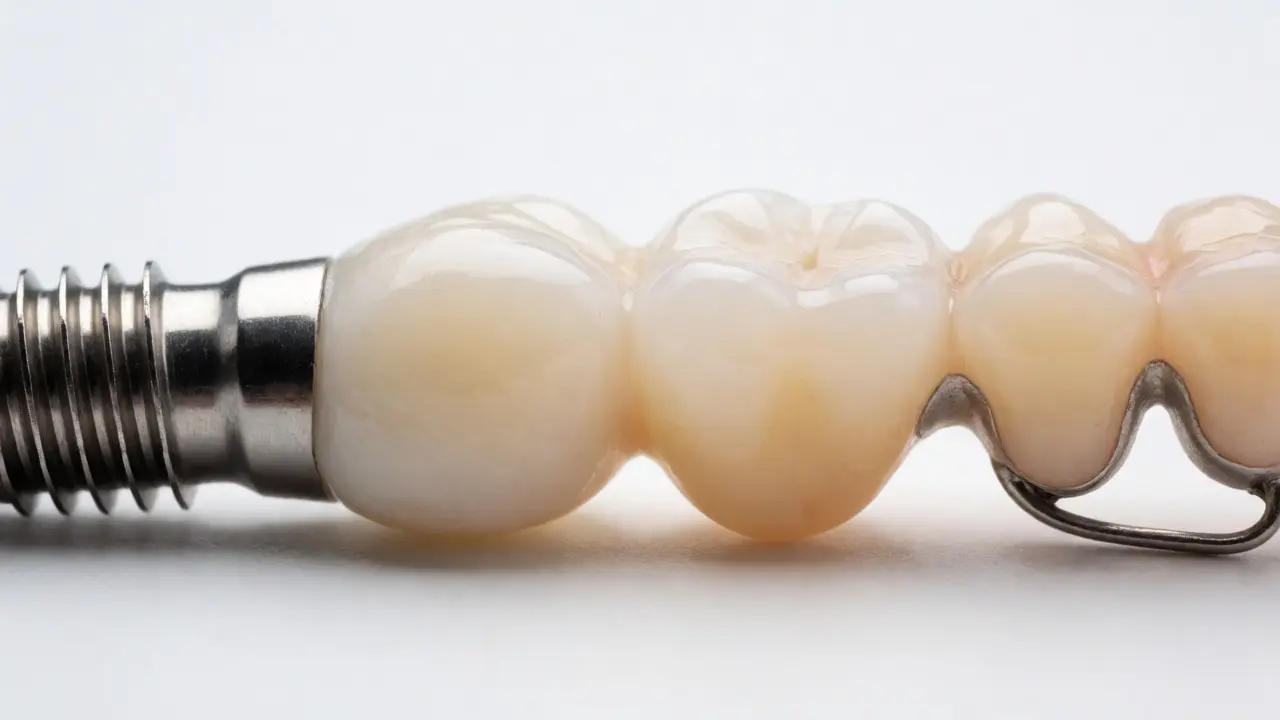 Porovnání zubního implantátu, zirkonového můstku a protézy