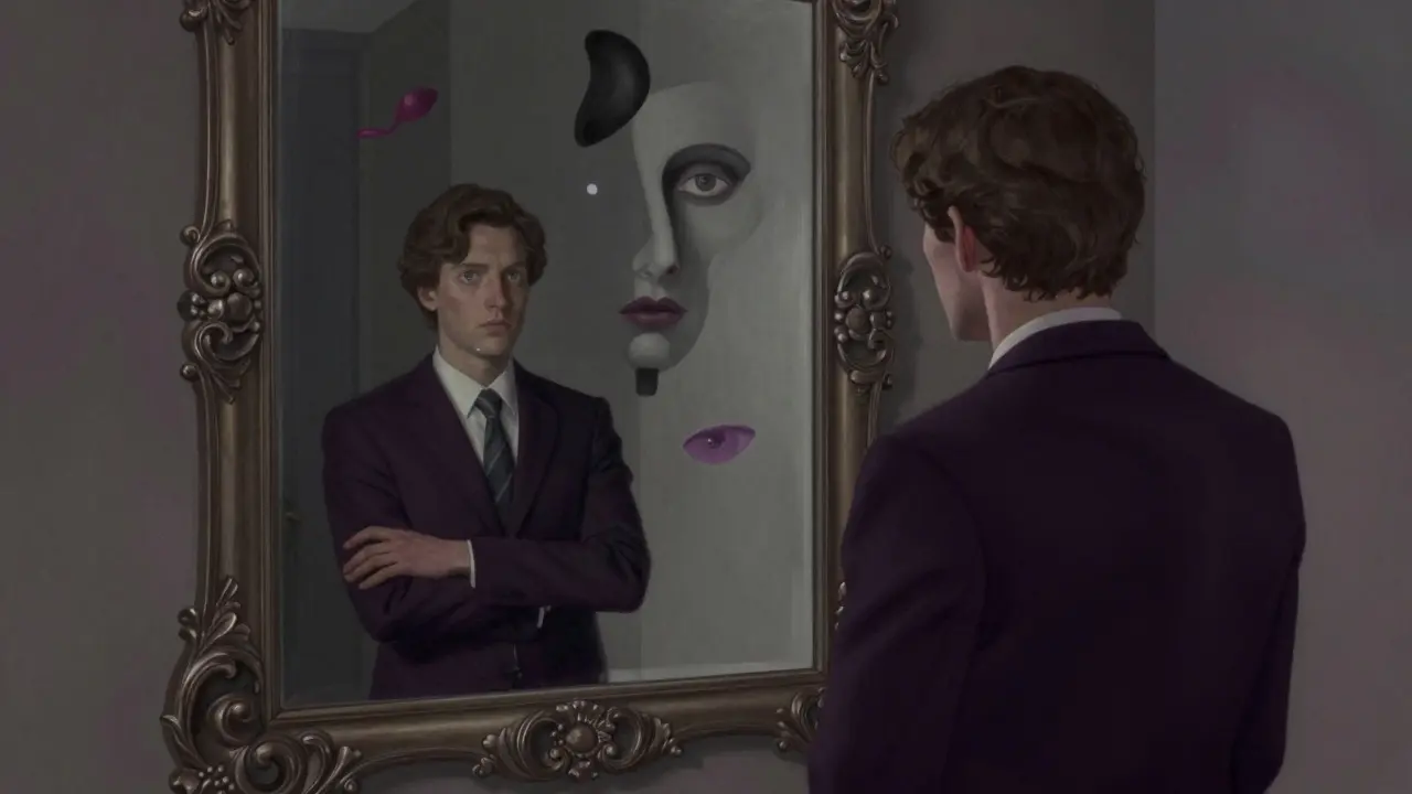 Surrealistické zrcadlo zobrazující projekci vlastních rysů a potřeb