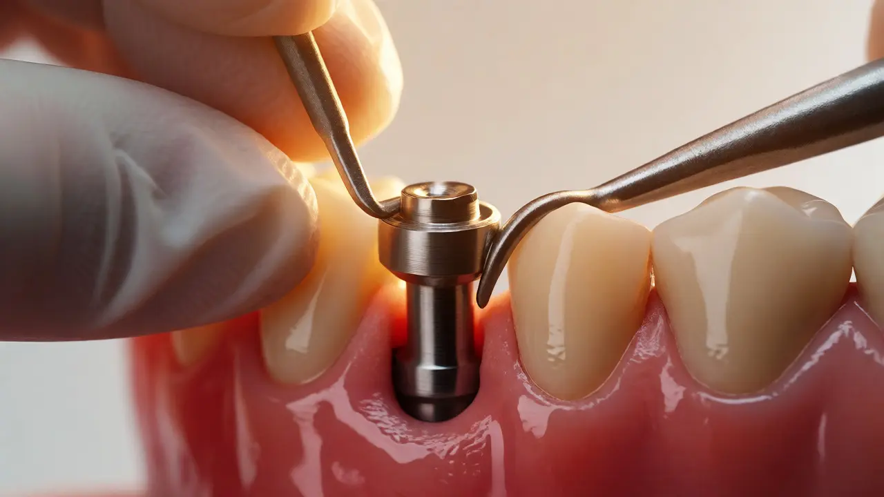 Chirurgické umístění titanového zubního implantátu do dásně pacienta.