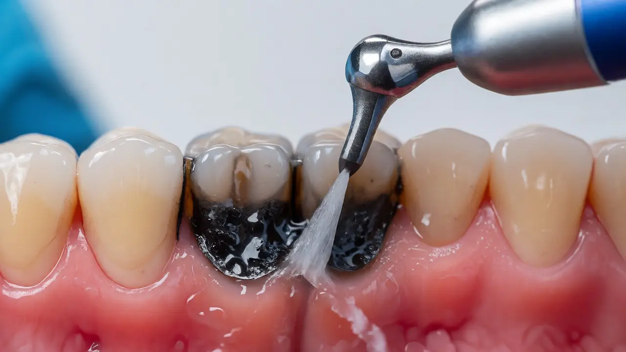 Dentální hygienista odstraňuje černý kámen z dásní ultrazvukovým přístrojem.