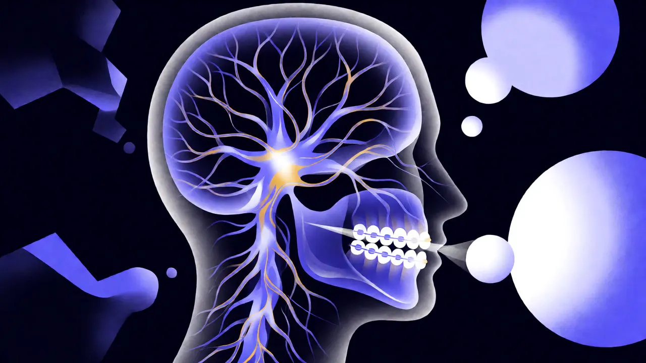 Konceptuální ilustrace neuroplasticity a adaptace na rovnátka