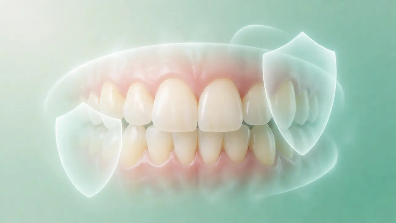Konceptuální ilustrace zdravých zubů chráněných fluoridovou vrstvou