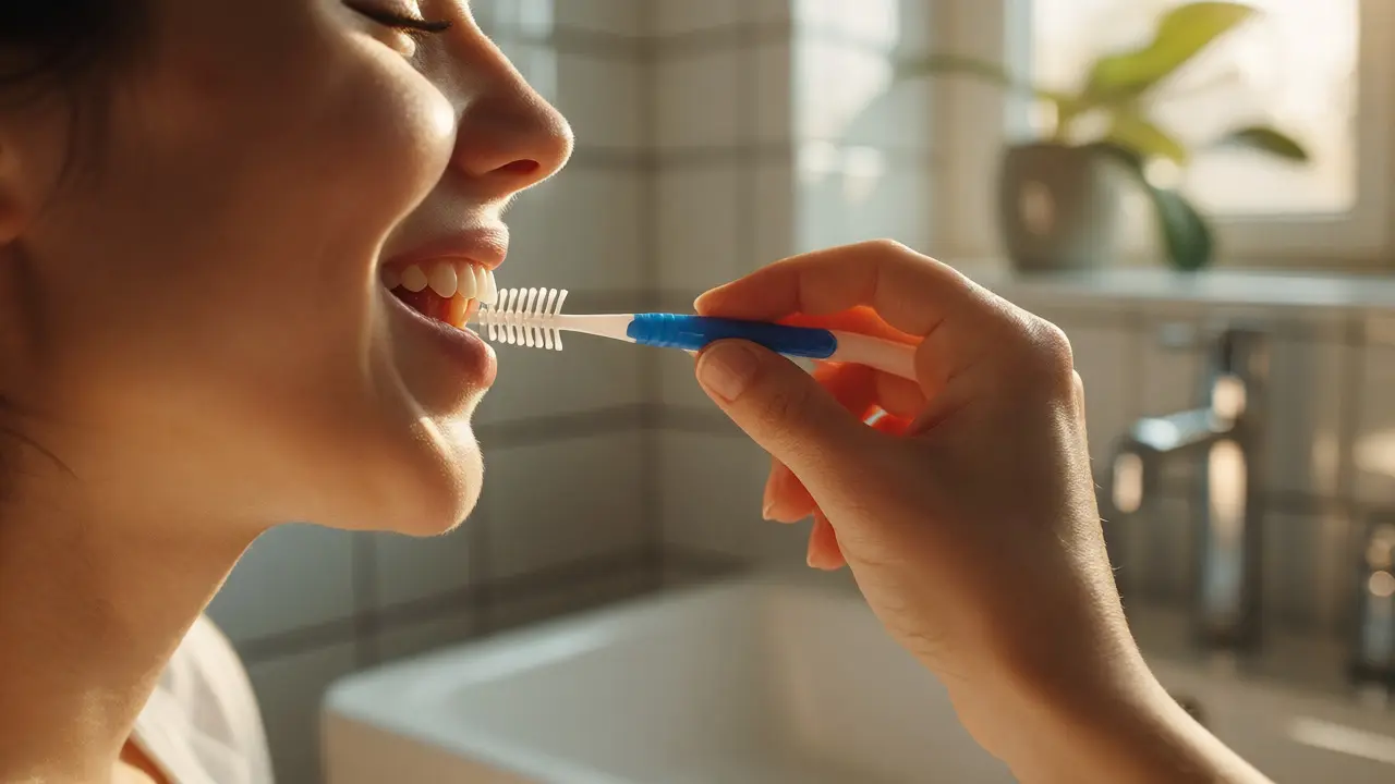 Osoba používá mezizubní kartáček pro správnou hygienu v koupelně.