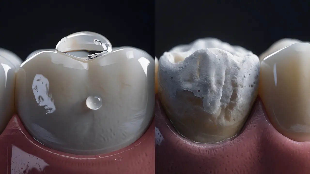 Porovnání zdravé skloviny a bílé skvrny způsobené špatnou hygienou u rovnátek.