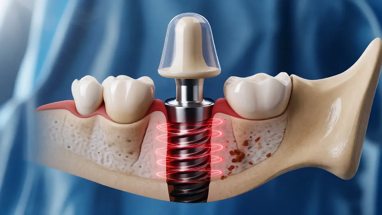 Řez čelistí s implantátem a ochrannou kapsulí znázorňující hluboký tlak