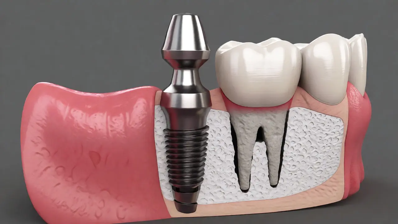 Anatomický řez zobrazující implantát s hojivým pilířem v kosti a dásni
