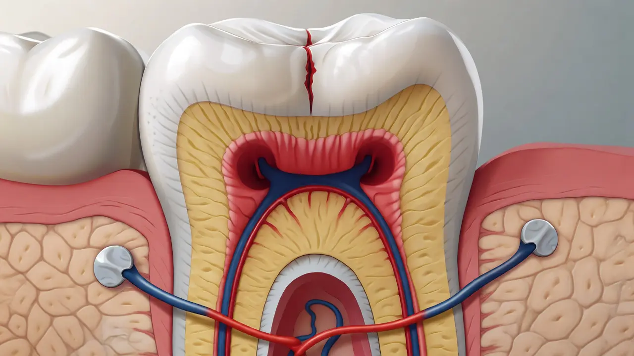 Anatomický řez zubem ukazující sklovinu, dentin a dřeň