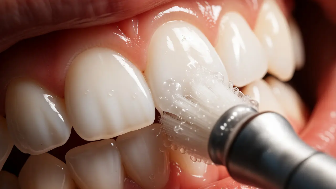 Detailní záběr na leštění čistých bílých zubů fluoridovou pastou