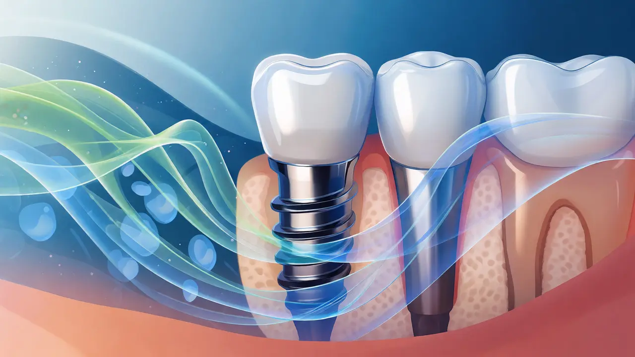 Konceptuální ilustrace procesu osseointegrace kolem zubního implantátu