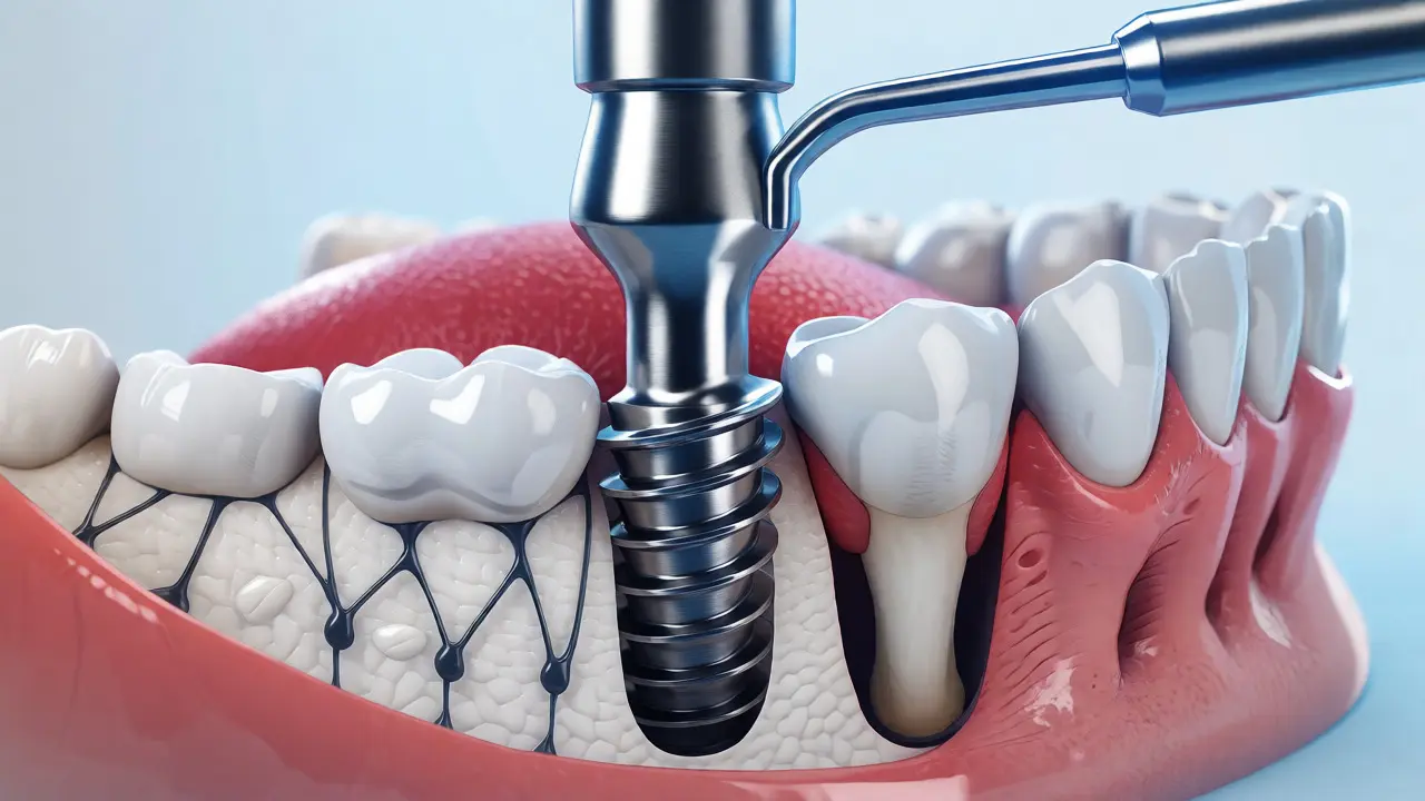 Lékařská ilustrace zavádění titanového zubního implantátu do čelistní kosti