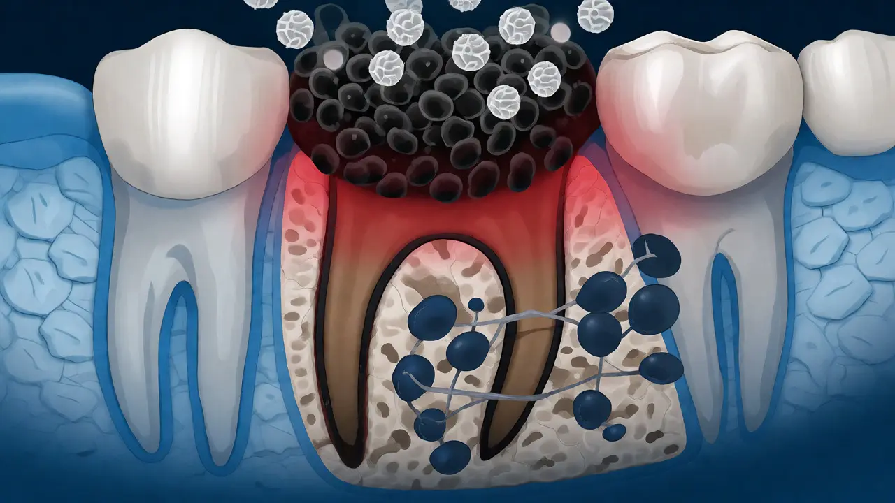 Medicínská ilustrace úbytku alveolární kosti způsobeného zánětem od zubního kamene.