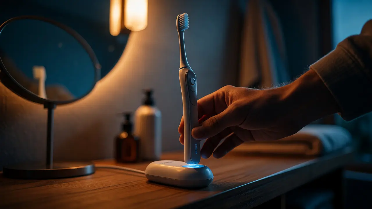 Ruka odkládá elektrický zubní kartáček na nabíjecí stanici ve večerním osvětlení