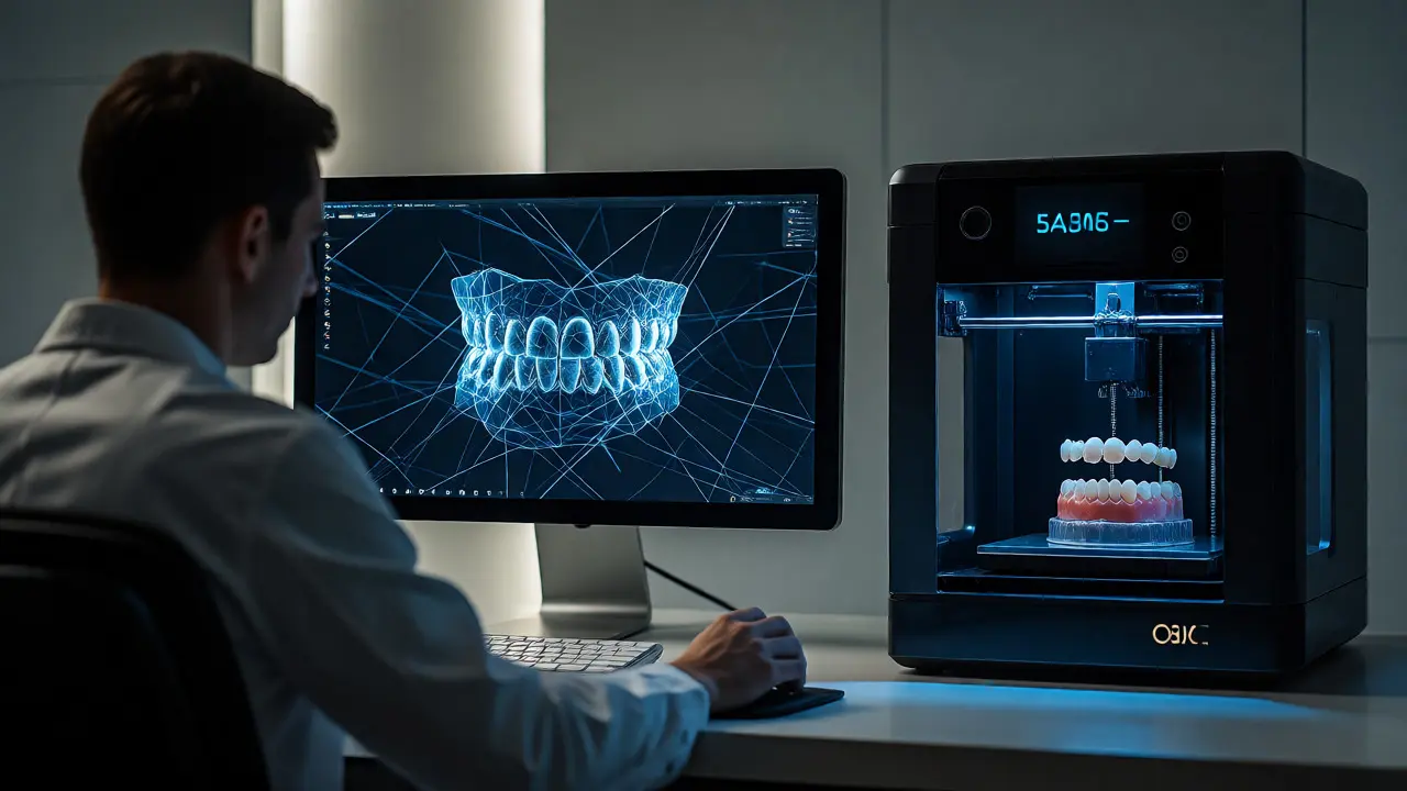 Technik pracující s digitálním modelem zubů a 3D tiskárnou v laboratoři.